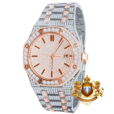 Pre-owned Usdiamondking Men's Baguette Full Steel 2 Tone Rose Gold Simulated Diamond Ap Style Watch 42mm