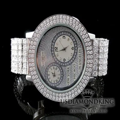 Pre-owned Usdiamondking Men Khronos 14k White Gold Finish 2 Row Dual Timer Genuine Diamond Custom Watch