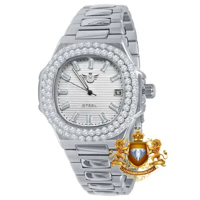 Pre-owned Usdiamondking Men's Solid Steel 18k White Gold Finish Simulated Diamond 36mm Watch With Date