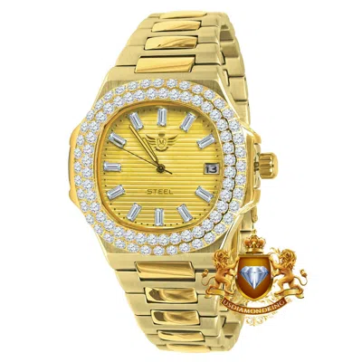 Pre-owned Usdiamondking Men's Solid Steel 18k Yellow Gold Finish Simulated Diamond 36mm Watch With Date