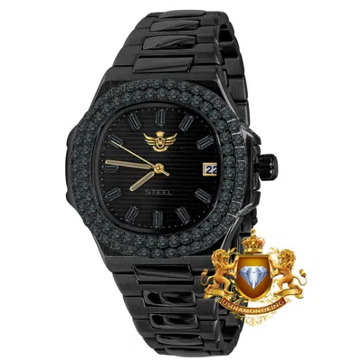 Pre-owned Usdiamondking Men's Solid Steel Black Dial 18k Black Gold Simulated Diamond 36mm Watch W/date