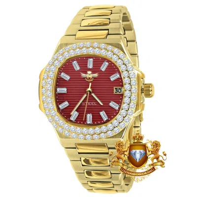 Pre-owned Usdiamondking Men's Solid Steel Red Dial 18k Gold Finish Simulated Diamond 36mm Watch W/date