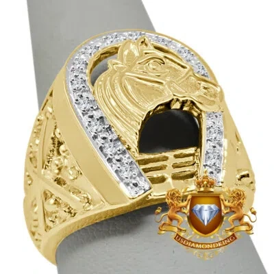 Pre-owned Usdiamondking Mens Real Genuine Diamond Good Luck Horseshoe Lucky Pinky Ring 10k Gold Finish