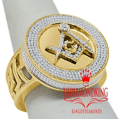 Pre-owned Usdiamondking Mens Real Genuine Diamond Masonic Freemason 10k Yellow Gold Finish Ring Band In H-i
