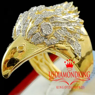 Pre-owned Usdiamondking Real Diamond Mens American Eagle Falcon Bird Yellow Gold Finish Ring Pinky Band In White/clear