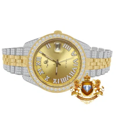 Pre-owned Usdiamondking Roman Face Dial Men' Solid Steel 2 Tone Gold Simulated Diamond Watch 42mm W/date