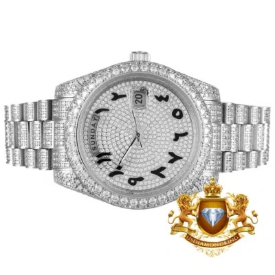 Pre-owned Usdiamondking Solid Steel Arabic Dial 18k White Gold Tone Simulated Diamond Luxury Watch 41mm