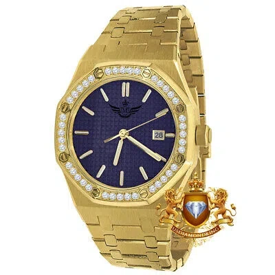 Pre-owned Usdiamondking Solid Steel Blue Dial 18k Gold Tone Simulated Diamond Ap Style Watch 42mm W/date