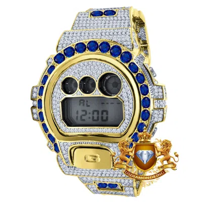 Pre-owned Usdiamondking Solitaire Blue Sapphire Yellow Gold Tone Shock Casio Dw-6900 Mens Custom Watch