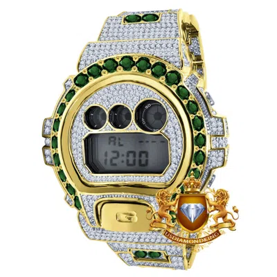Pre-owned Usdiamondking Solitaire Green Emerald Yellow Gold Tone Shock Casio Dw-6900 Mens Custom Watch