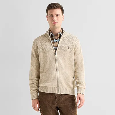 Uspa U.s. Polo Assn. 7gg Textured Mens Mock Neck Long Sleeve Zipper Cardigan In Beige