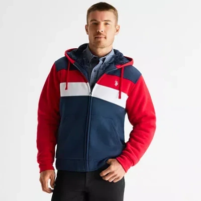 Uspa U.s. Polo Assn. Colorblock Sherpa Mens Long Sleeve Embroidered Fleece Zipper Hoodie In Blue