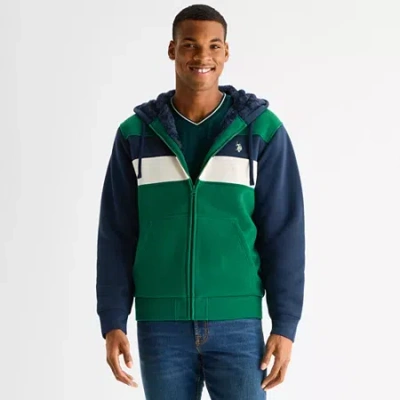 Uspa U.s. Polo Assn. Colorblock Sherpa Mens Long Sleeve Embroidered Fleece Zipper Hoodie In Green