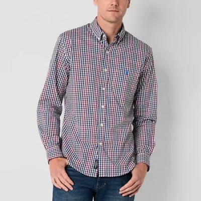 Uspa U.s. Polo Assn. Cotton Stretch Poplin Mens Y Neck Long Sleeve Classic Fit Stretch Fabric Embroidered In Red