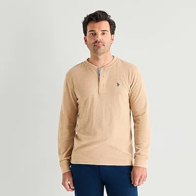 Uspa U.s. Polo Assn. Henley Mens Crew Neck Long Sleeve Embroidered Regular Fit Thermal Top In Beige
