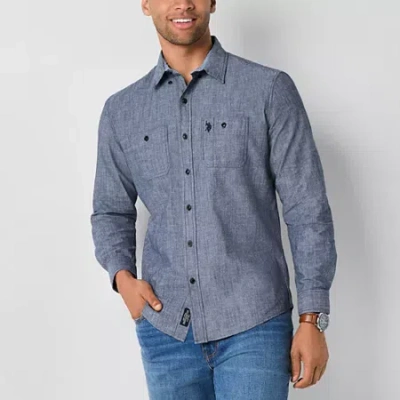 Uspa U.s. Polo Assn. Solid Canvas Slub Mens Y Neck Long Sleeve Classic Fit Embroidered Button-down Shirt In Blue