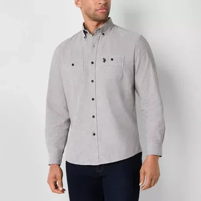 Uspa U.s. Polo Assn. Solid Canvas Slub Mens Y Neck Long Sleeve Classic Fit Embroidered Button-down Shirt In Gray