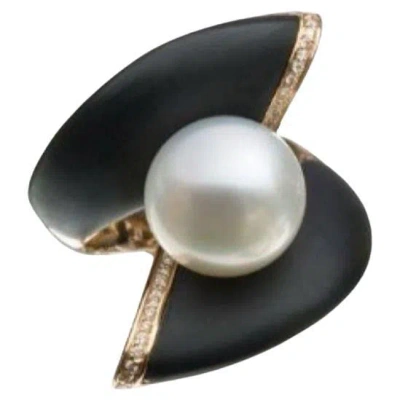 Pre-owned Utopia Gallery 18kt Rose Gold Black Enamel Pearl Diamond Ring, Italy In Red