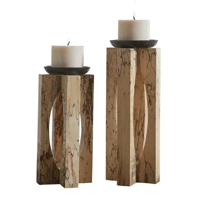Uttermost 2 Piece Ilva Wood Tabletop Candelabra Set With Candle Included In Brown