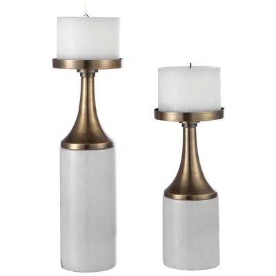 Uttermost Castiel White And Brass Pillar Candle Holders Set Of 2
