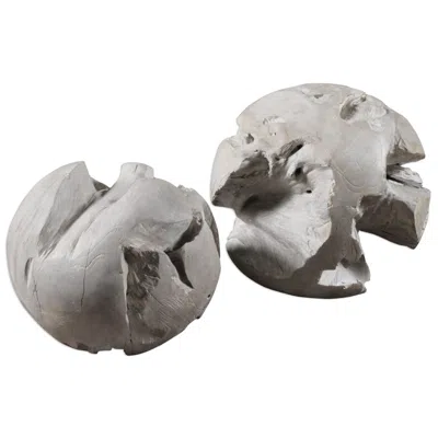 Uttermost Ermanno Pale Gray Glaze Teak Balls Set Of 2