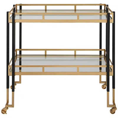 Uttermost Kentmore 33"w Matte Black Gold Leaf 2-shelf Rolling Bar Cart