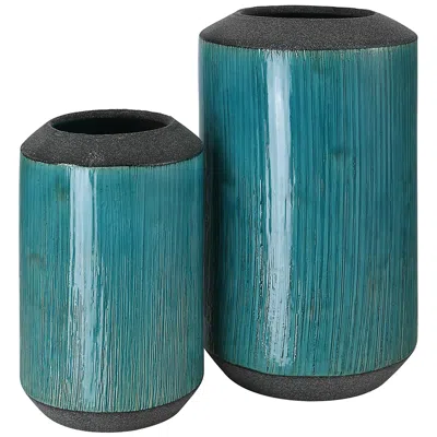 Uttermost Maui 11" High Aqua Blue Glaze And Bronze Vases Set Of 2