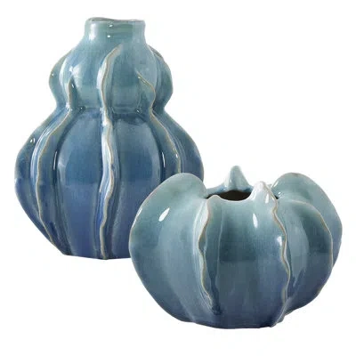 Uttermost Ocean Wave Outdoor Glazed Vases Set/2 In Blue;green
