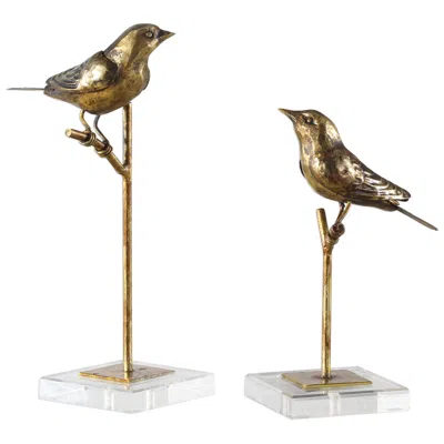 Uttermost Passerines 13" Antique Gold Leaf Bird Figurines Set Of 2
