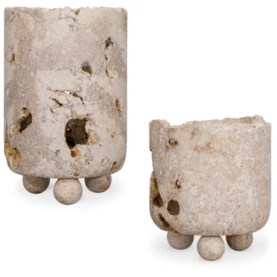 Uttermost Quarried Stone Indoor-outdoor 2-piece Candleholders In Brown