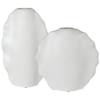 Uttermost Ruffled Matte White Glaze Ceramic Vases Set Of 2