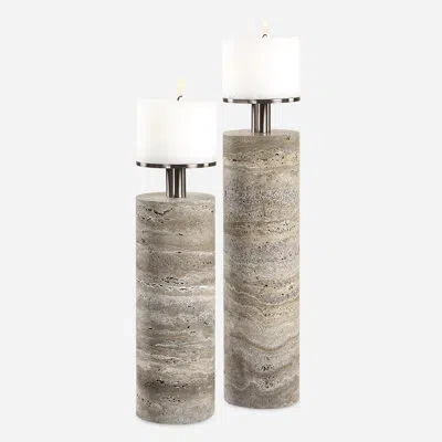 Uttermost Shadowstone Candleholders In Gray Travertine,dark Bronze