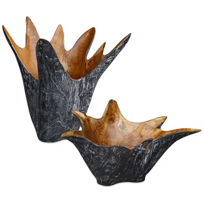 Uttermost Starpetal 2-piece Indoor-outdoor Black And Brown Teak Wood Bowls In Blue