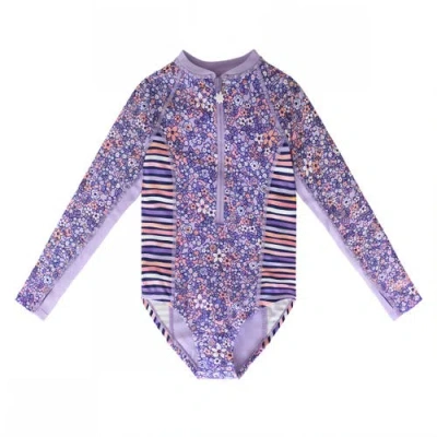 Uv Skinz Kids'  Long Sleeve Half Zip Swim Suit In Lavender Fields
