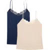 Uwila Warrior Happy Seams 2-pack Lace Trim Camisoles In Dress Blue/ Smoke Grey