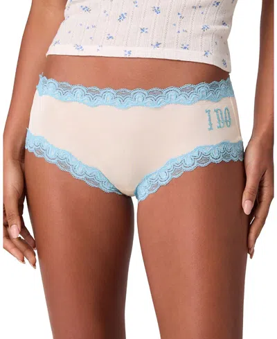 Uwila Warrior Women's Soft Silk 'i Do' Bridal Lace Trim Brief In Winter White With Sky Blue Lace