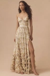 V. Chapman Carmen Corset Front-slit Ruffled Gown