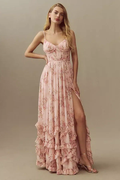 V. Chapman Carmen Corset Front-slit Ruffled Gown In Pink