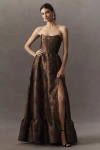 V. Chapman Charlotte Strapless Corset Side-slit Dress In Brown