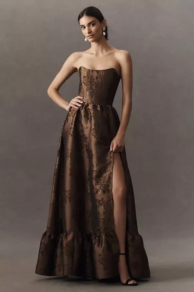 V. Chapman Charlotte Strapless Corset Side-slit Dress In Brown
