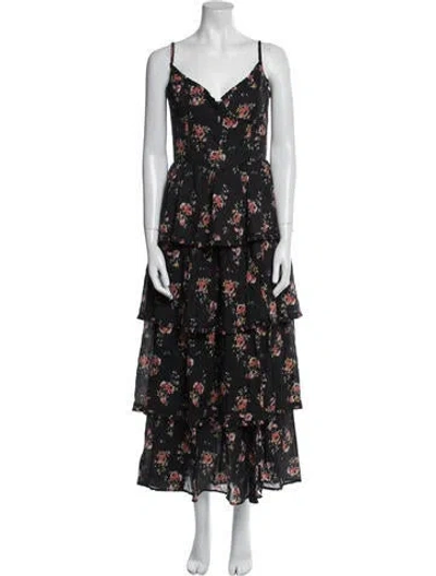Pre-owned V. Chapman Floral Print Long Dress In Black