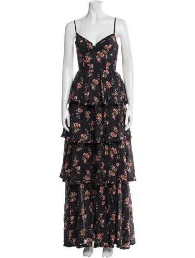 Pre-owned V. Chapman Floral Print Long Dress In Black