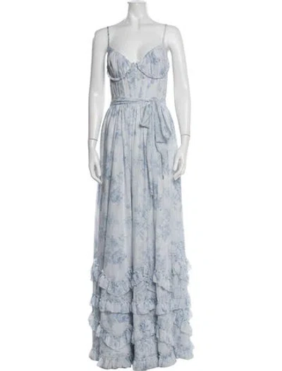 Pre-owned V. Chapman Floral Print Long Dress In Blue
