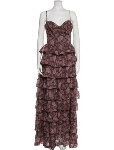 Pre-owned V. Chapman Floral Print Long Dress In Brown