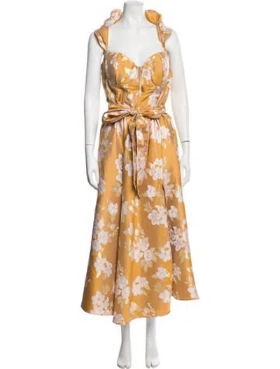 Pre-owned V. Chapman Floral Print Long Dress In Gold