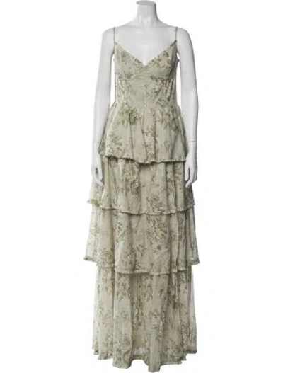 Pre-owned V. Chapman Floral Print Long Dress In Green