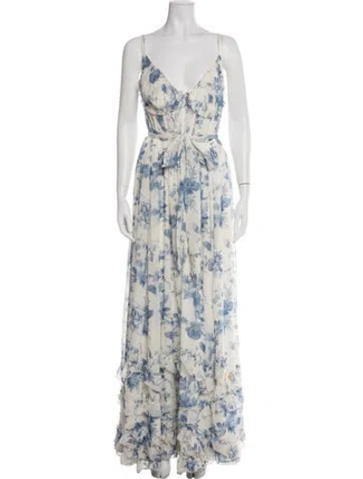 Pre-owned V. Chapman Floral Print Long Dress In Green