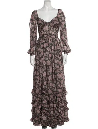 Pre-owned V. Chapman Floral Print Long Dress W/ Tags In Brown