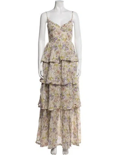 Pre-owned V. Chapman Floral Print Long Dress W/ Tags In Neutral