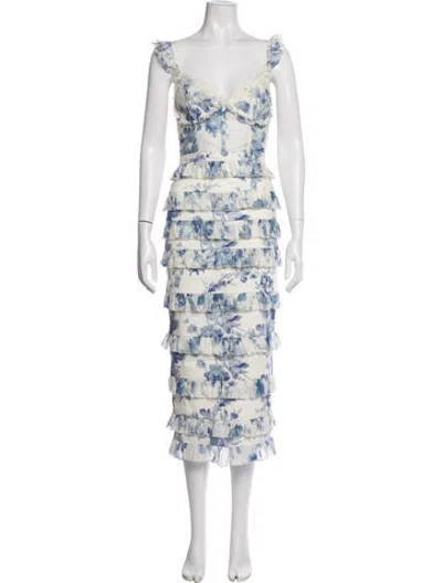 Pre-owned V. Chapman Floral Print Midi Length Dress In Blue